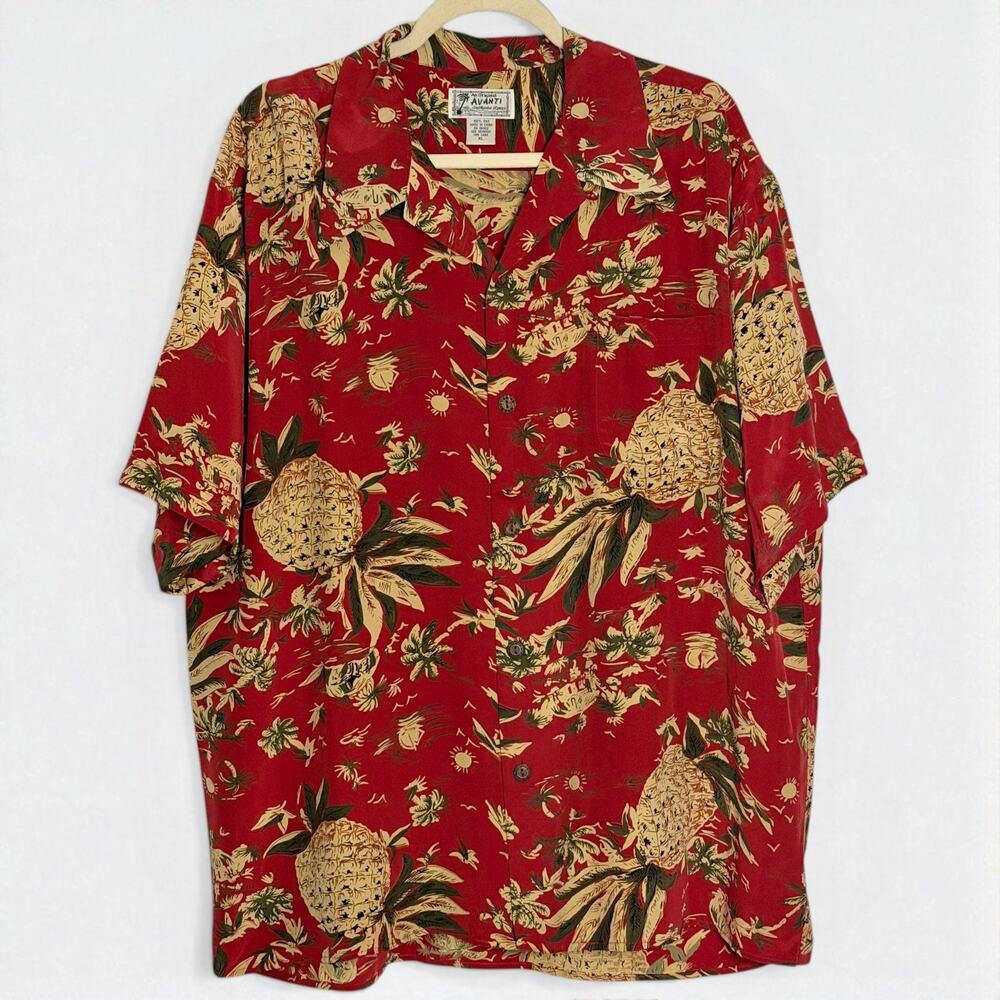 Avanti Silk Hawaiian Shirt Pineapple Tiki Hut Red Aloha Camp Mens XL Vintage Y2K